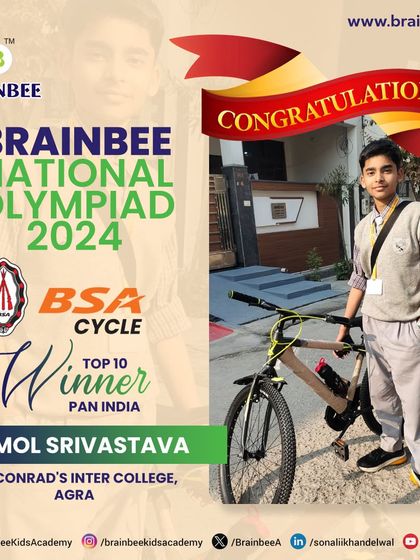 Congratulations to Anmol Srivastava from St. Conrad's Inter College, Agra, for being one of our Top 10 Pan-India winners in 2024 and winning a BSA Cycle.
