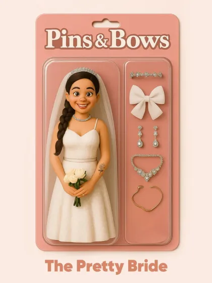 Our AI-generated toy concept for "The Pretty Bride." This beautiful set includes a bride doll with all the essential wedding accessories: a delicate tiara, sparkling earrings, a statement necklace, and a bracelet.