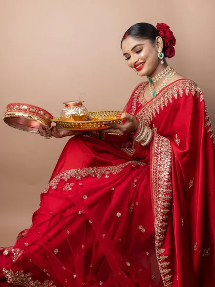 A full shot of the festive look, capturing the joy of the occasion.