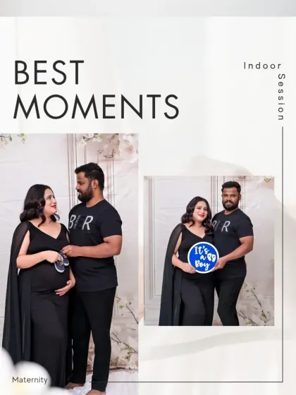A "Best Moments" graphic from an indoor session. It showcases the couple's joy as they hold baby shoes and an "It's a Boy" sign, celebrating the upcoming arrival in a modern and fun way.