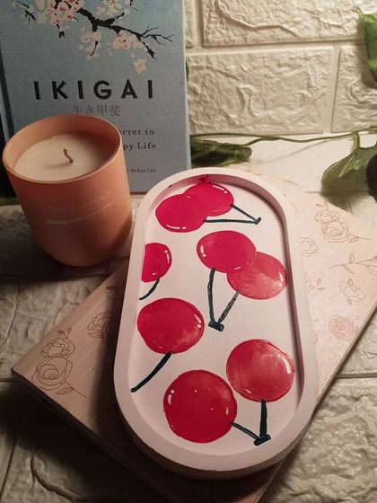 Did someone say cherries? A fun, hand-painted cherry design on our oval trinket tray for a custom order.