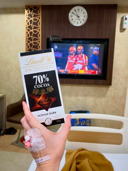 A little treat in the hospital. Even in the midst of such a life changing event, small comforts like a piece of dark chocolate can make a big difference.
