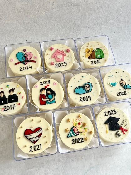 A beautiful story told through mini bento cakes. This set was commissioned to show a couple's journey together, from 2014 to 2023.
