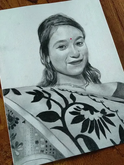 This portrait of a woman in a saree with a floral pattern shows my ability to render complex designs on clothing.