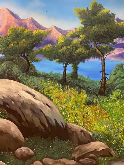 A custom landscape wall mural painted for a client in Mangalore. This piece creates a window to a serene, natural world, featuring rocky shores, calm waters, and lush greenery to bring a sense of peace indoors.