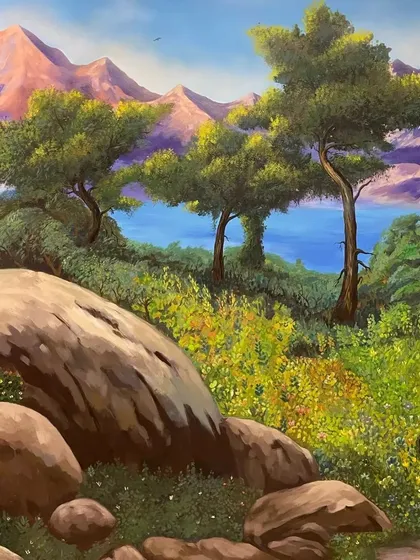 A custom landscape wall mural painted for a client in Mangalore. This piece creates a window to a serene, natural world, featuring rocky shores, calm waters, and lush greenery to bring a sense of peace indoors.