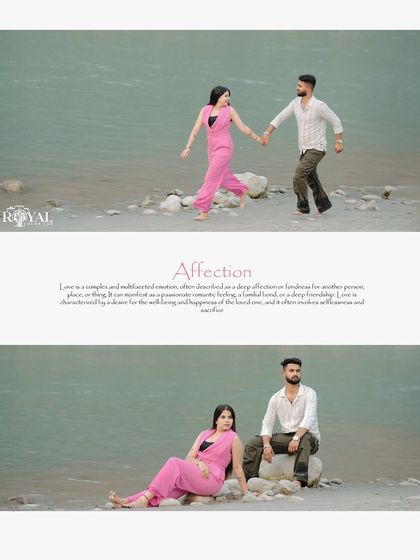 Two beautiful shots from a maternity session by the Ganga, showing the couple walking hand-in-hand and sitting together on a rock, capturing their affectionate bond.