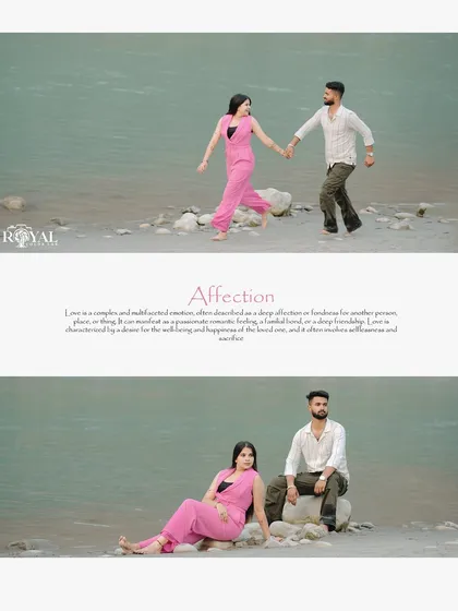 Two beautiful shots from a maternity session by the Ganga, showing the couple walking hand-in-hand and sitting together on a rock, capturing their affectionate bond.