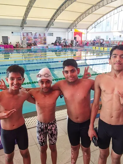 Teamwork makes the dream work. Here are our 'Golden Boys' after winning the 4x100m Medley Relay at the Haryana State Junior Swimming Competition. We train as individuals but win as a team.