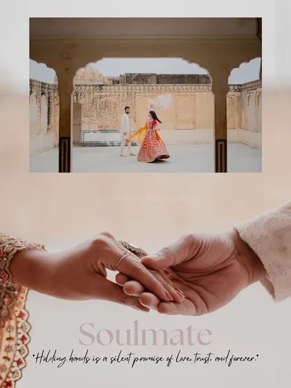 A close-up shot of a couple's hands, symbolizing their bond, with their full portrait at Amer Fort in the background. A detail shot that tells a larger story.