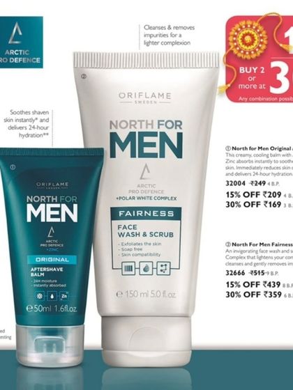 A straightforward product shot of the 'North for Men' Fairness Face Wash & Scrub and Aftershave Balm. This clean presentation against a white background is ideal for e-commerce listings and catalogues.
