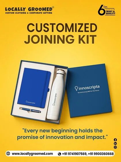 A sleek and professional welcome kit for Innoscripta. This set includes a classic blue notebook and pen with a matching branded water bottle, all housed in an elegant gift box, perfect for making a strong first impression.