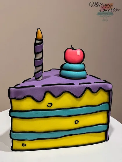 We brought the 2D cartoon trend to life with this comic cake slice, made for our own daughter's birthday. The bold black outlines on the colorful layers create a fun, illustrative effect that looks like it jumped right out of a comic book.