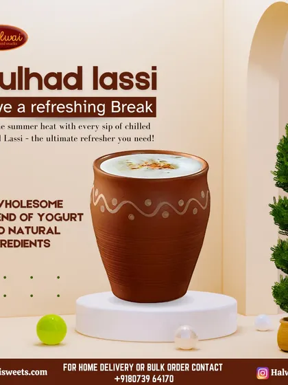 A refreshing Kulhad Lassi served in a traditional earthen cup. This creamy, wholesome yogurt drink is the perfect way to cool down and recharge.