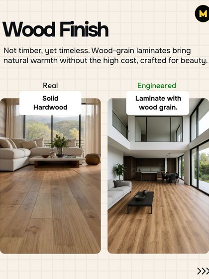 The floor on the right is a laminate with a wood grain finish. It brings natural warmth without the high cost and maintenance of solid hardwood, making it a smart and beautiful choice.