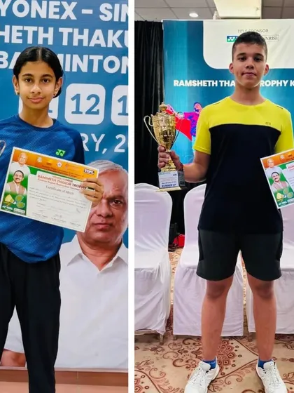 Our champions Avni Shetty and Vikrant Negi posing with their trophies after a successful tournament in the Konkan region.