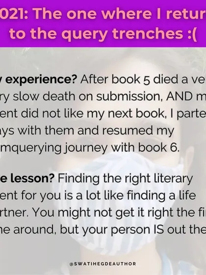 A lesson from 2021, when I returned to the query trenches. Finding the right literary agent is like finding a life partner. You might not get it right the first time, but your person is out there.