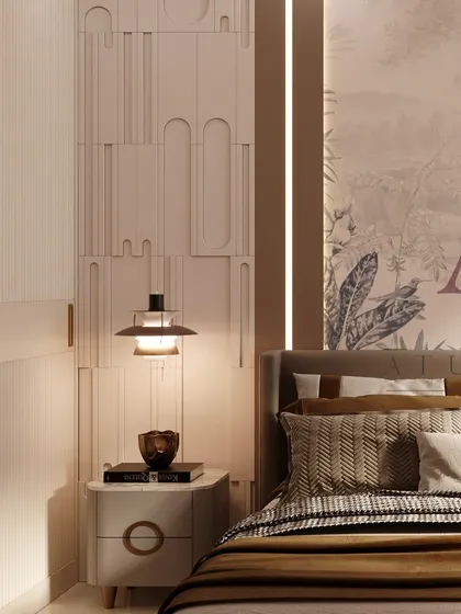 Detail of a bedroom corner, showing textured geometric wall paneling next to a serene, botanical-themed wallpaper, creating a sophisticated contrast.