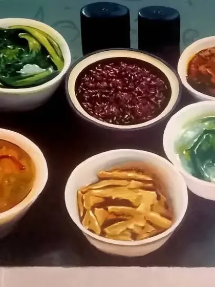 A still life painting of various Indian side dishes and condiments. My aim was to capture the diverse colors, textures, and flavors of a traditional meal through art.