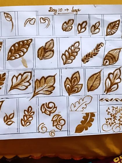 Leaves and vines are essential for connecting different elements in a design. This practice sheet from Day 10 of my course focuses entirely on creating various types of leaves, from simple to shaded.