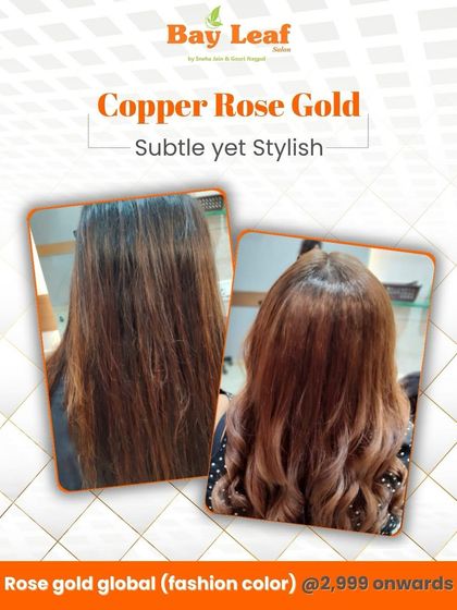 A beautiful Copper Rose Gold global color. This is a fashion color that is subtle yet stylish, giving the hair a warm, metallic sheen that looks different in every light.