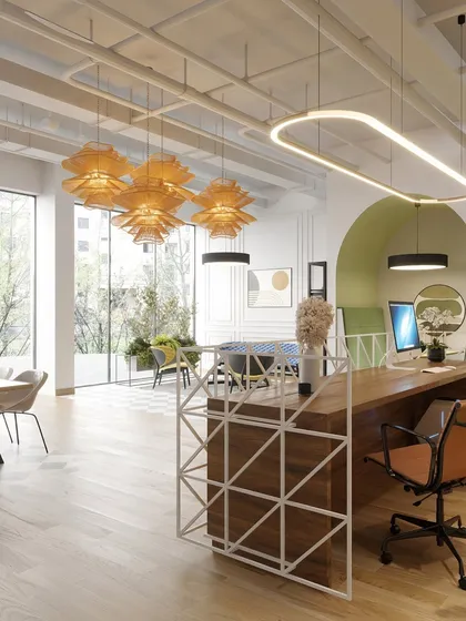 This rendering captures the open and airy feeling of the reception area, with views extending through to different seating zones. The design prioritizes natural light and a sense of spaciousness.