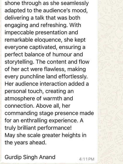 A screenshot of a wonderful review I received after a show in Coimbatore. Feedback like this, praising my "impeccable presentation and remarkable eloquence," means the world to me.