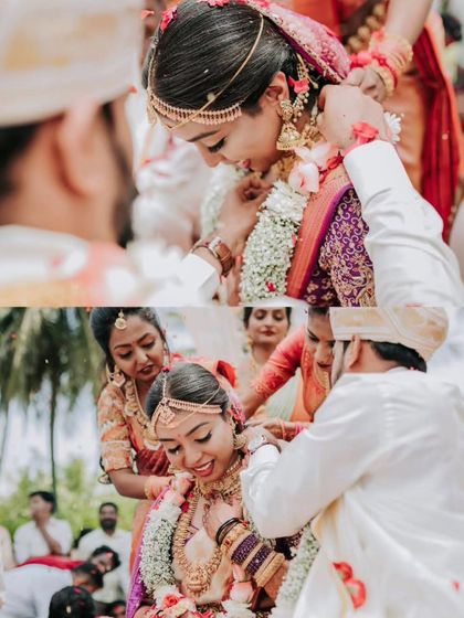 Capturing the sacred moment of the 'mangalsutra' ceremony. Our decor provides a beautiful and fitting backdrop for the most important rituals of a traditional Indian wedding.