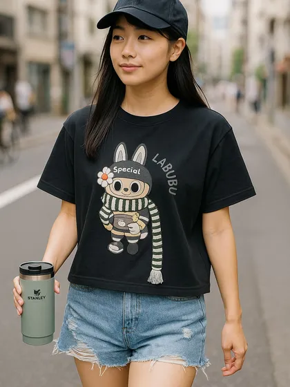 Another take on our classic black tee, this one features a 'Special' Labubu character holding a flower. It's a sweet design for fans who love the cuter side of the collection.
