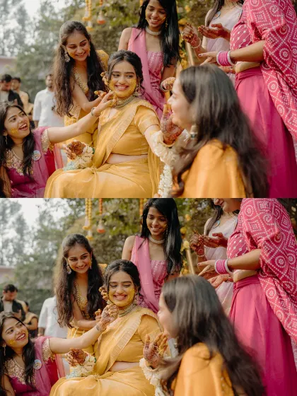 A diptych showing the bride being showered with love and turmeric by her friends. These candid shots are full of life and laughter.