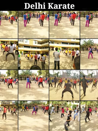 A collage showing a large-scale karate workshop conducted at a school. We are passionate about bringing the benefits of martial arts to the wider community.