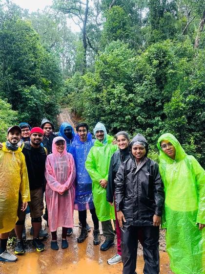 Our group in colorful ponchos, ready for a wet and wild adventure in the Sharavathi Valley.