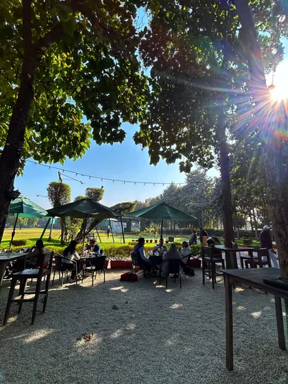 The sun shines down on our cafe patio, the perfect spot to relax before or after your practice session.