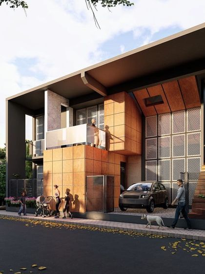 A rendering of the Singh Residence in Lucknow. The design assembles different forms and materials, like terracotta-clad cubes and perforated screens, to create a dynamic composition of 'in-between' spaces that are sculpted by light.