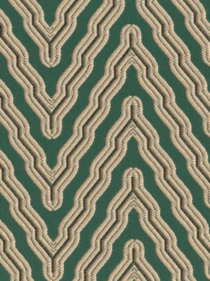 This close-up highlights a bold, embroidered chevron pattern. The raised, corded stitching on a deep green background creates a dynamic, three-dimensional effect, perfect for statement upholstery or accent pieces.