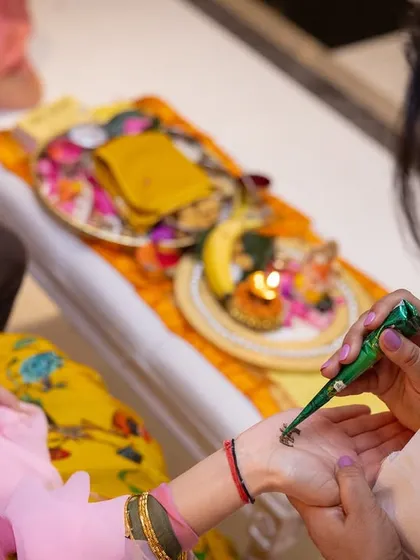 A close-up of a traditional ritual during the pre-wedding event. We understand the importance of these customs and ensure our service complements them perfectly.