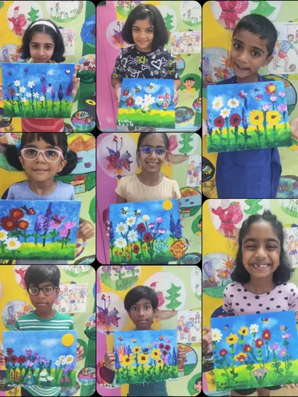 A colourful collage showcasing nine students from an acrylic painting workshop, each with their unique interpretation of a floral landscape. It's wonderful to see how one theme can inspire so many different beautiful outcomes.