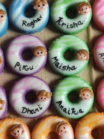 I can personalize almost anything. These fun donut-shaped soaps were customized with each child's name for a birthday party, making every little guest feel special. They are handmade with skin-safe ingredients.