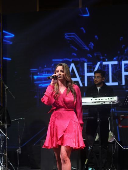 A full-length view of the stage in Chandigarh, showing the complete band and the large LED screen backdrop.