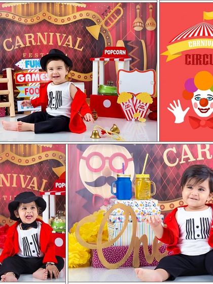 A collage of the fun and colorful carnival theme, showing different poses and props from the session.