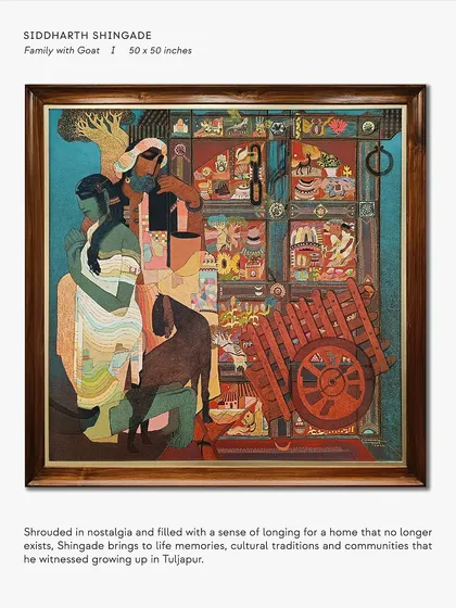 In this richly layered acrylic, Siddharth Shingade brings to life a memory from his homeland of Marathwada. The piece, titled "Family with Goat," is a beautiful example of his narrative style, blending folk traditions with a contemporary aesthetic to tell stories of rural life.