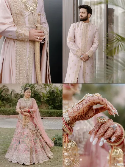 A collage of details from the bride and groom's attire, showcasing the intricate embroidery, henna, and accessories.