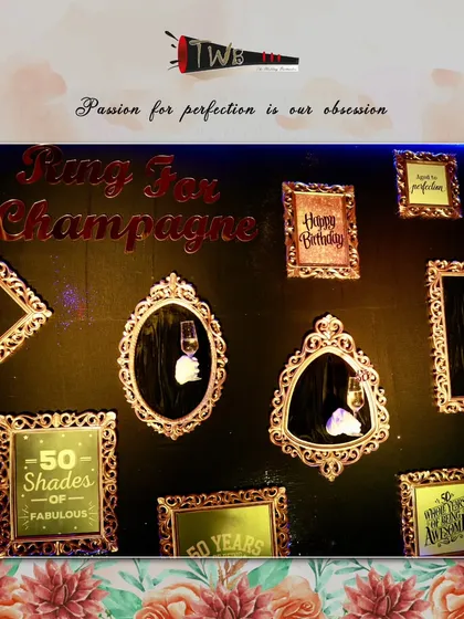 A fun and interactive "Ring For Champagne" wall for a 50th birthday party. This custom decor piece with quirky quotes in ornate frames adds a playful and celebratory element to the event.