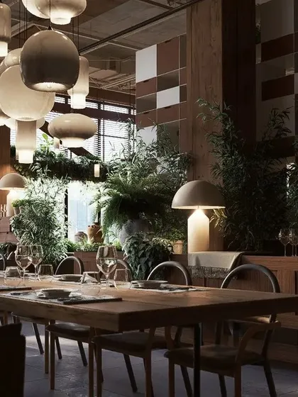 A restaurant design concept focusing on creating an intimate yet open atmosphere. The cluster of pendant lights over the long dining table acts as a stunning centerpiece.