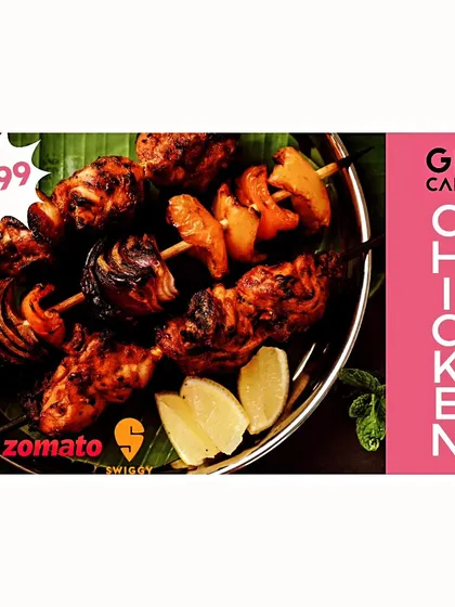 Here's a look at our classic Chicken Tikka, grilled to perfection. We marinate tender chicken pieces in a blend of yogurt and spices, making it a smoky and flavorful starter.