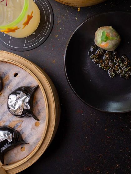 Embark on a culinary journey through Asia with every indulgent bite. This overhead shot shows our luxurious black and silver dim sum alongside other small plates.