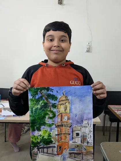 A fantastic watercolor painting of a clock tower. This student has done a great job with the architectural details and perspective.
