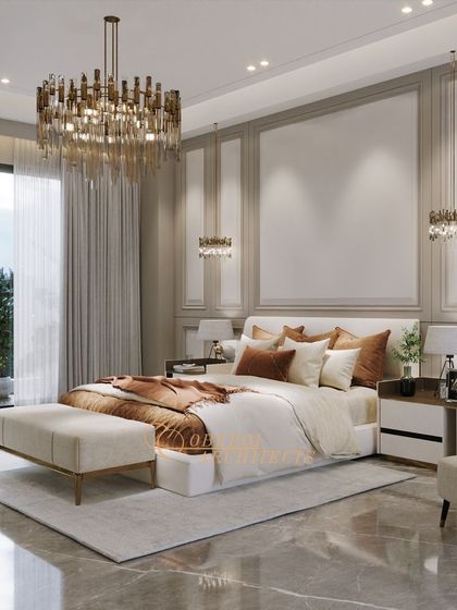 This bedroom design exudes contemporary elegance with its mix of a statement chandelier, warm wood tones, and a neutral color palette.