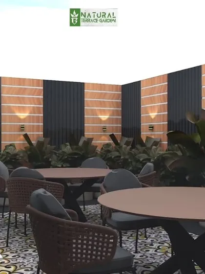 A proposed design for a rooftop cafe or restaurant seating area.