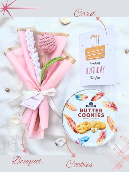 Sweet and simple, this birthday gift set pairs a lovely pink tulip and lavender bouquet with a tin of delicious butter cookies and a birthday card.